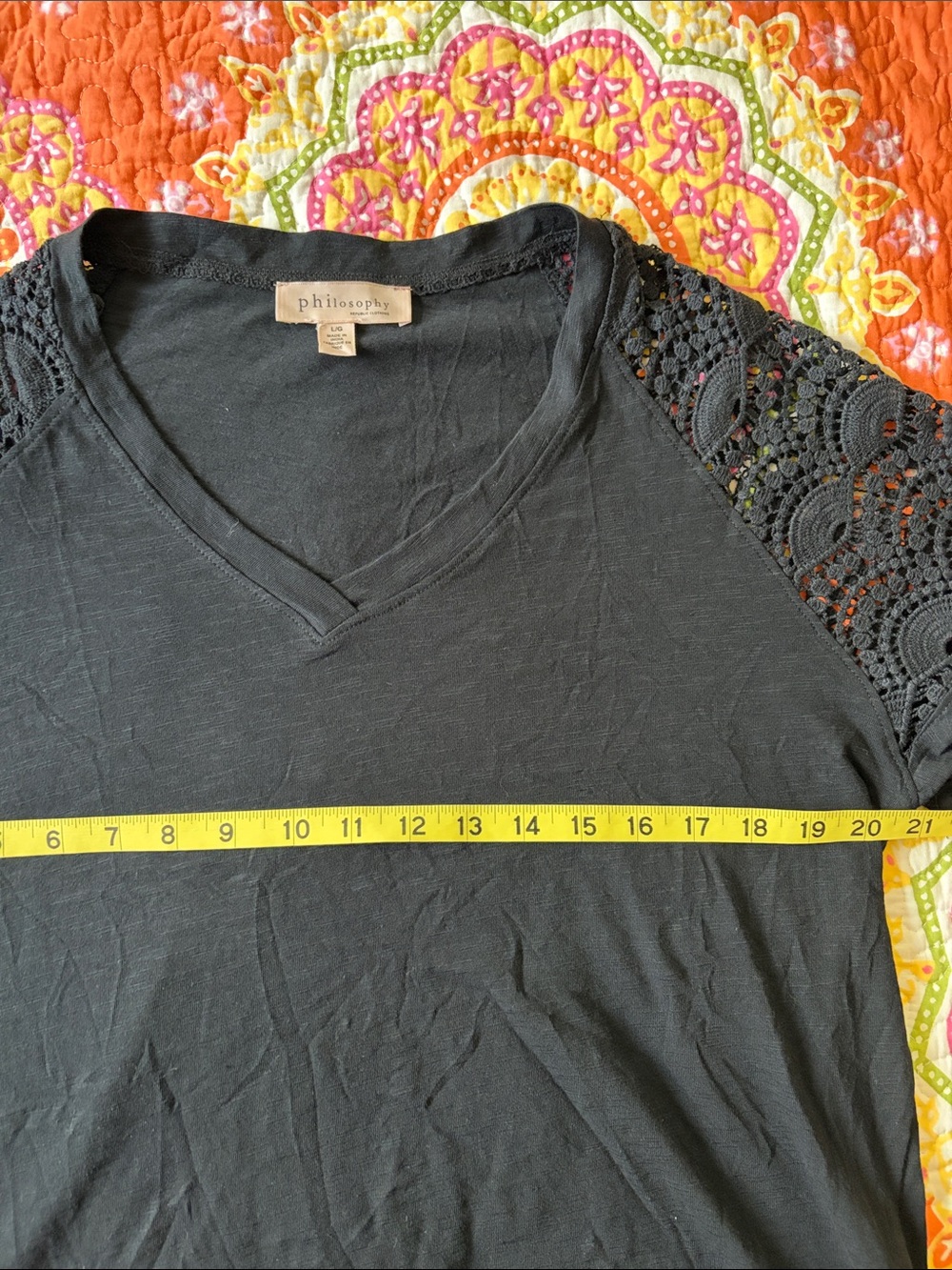 Philosophy Black V-neck with Crochet Shoulders Tee